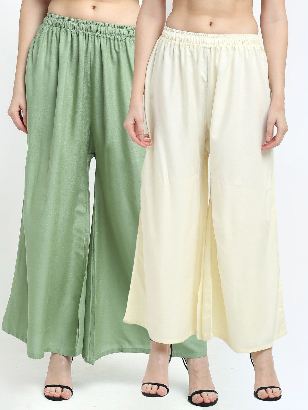 TAG 7 Women Cream-Coloured & Green Pack Of 2 Flared Ethnic Palazzos - view 1