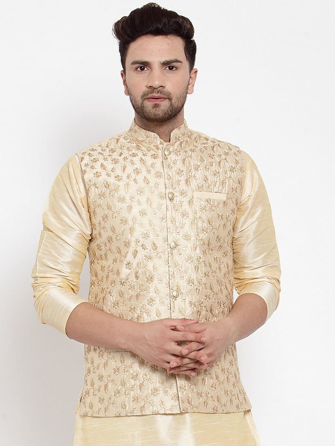 KRAFT INDIA Men Beige & Gold Silk Embroidered Nehru Jacket - view 1
