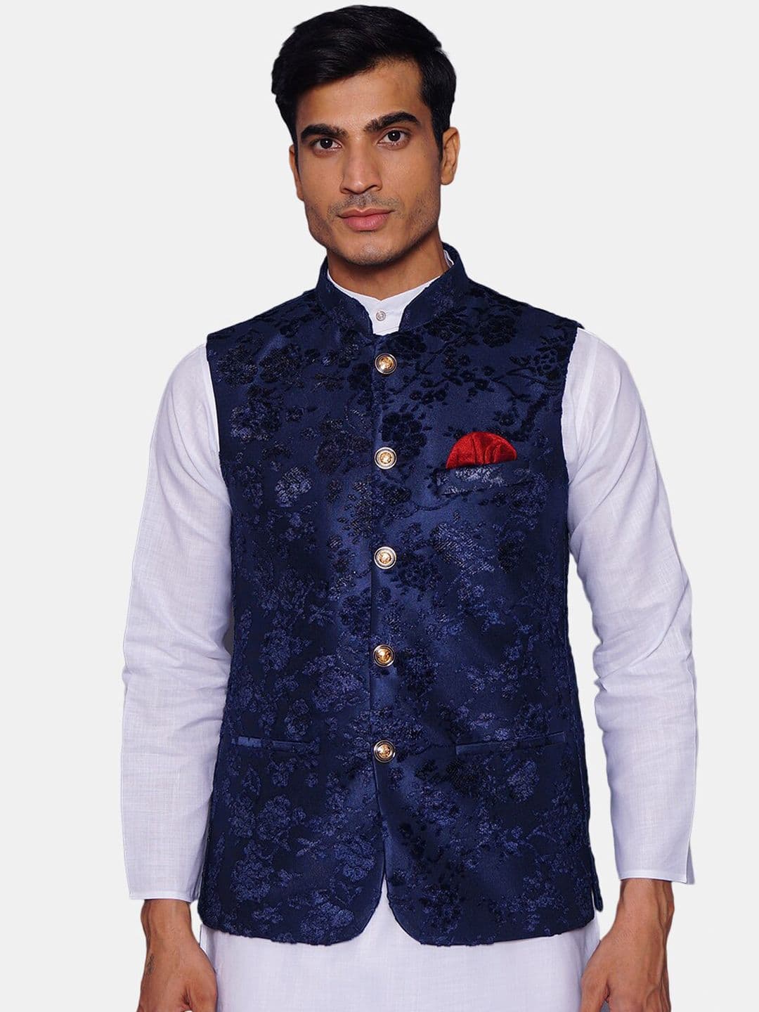 Wintage Men Blue Woven-Design Velvet Nehru Jacket - view 1