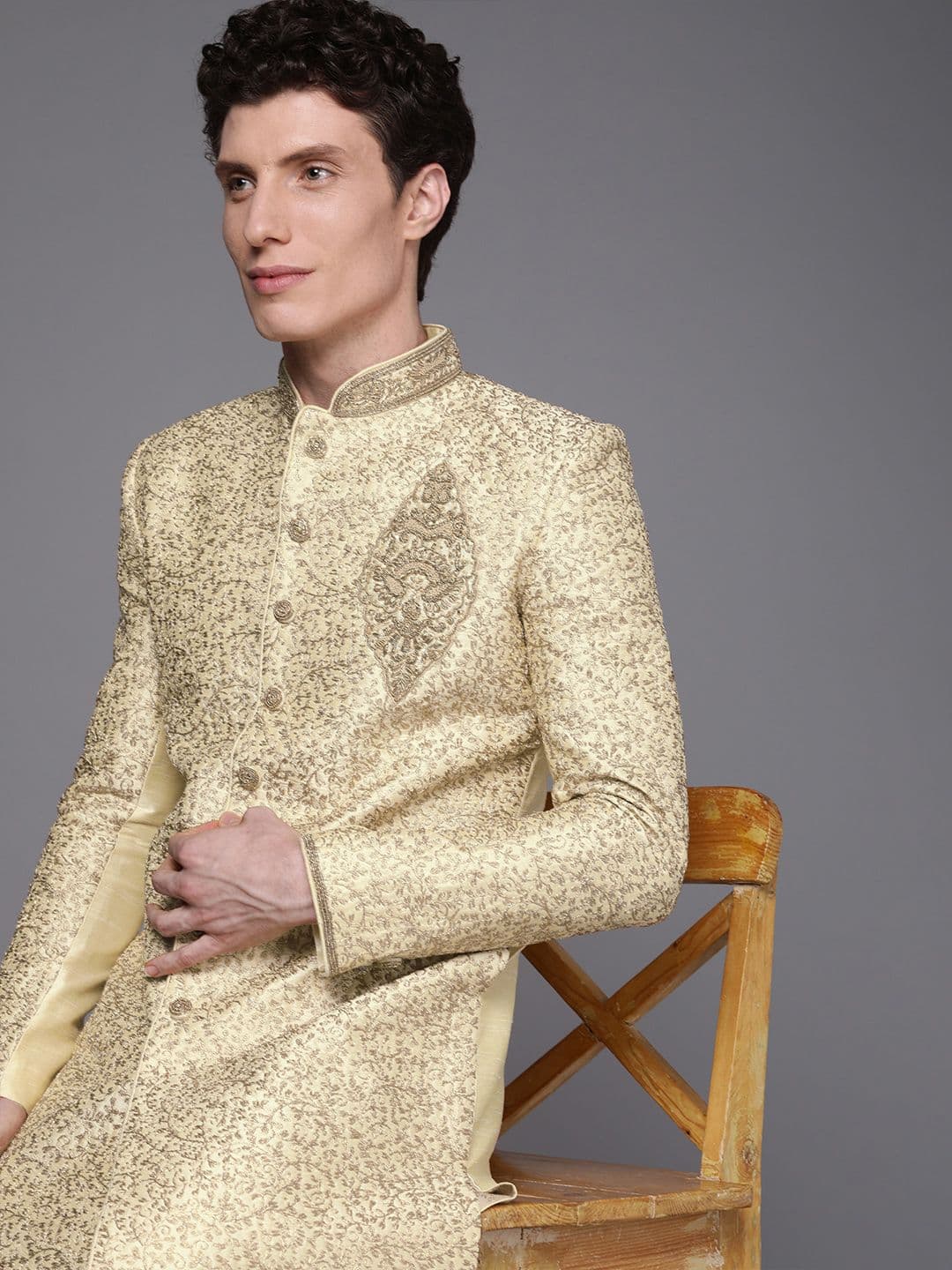 Manyavar Men Beige Embroidered Sherwani & Churidar - view 1