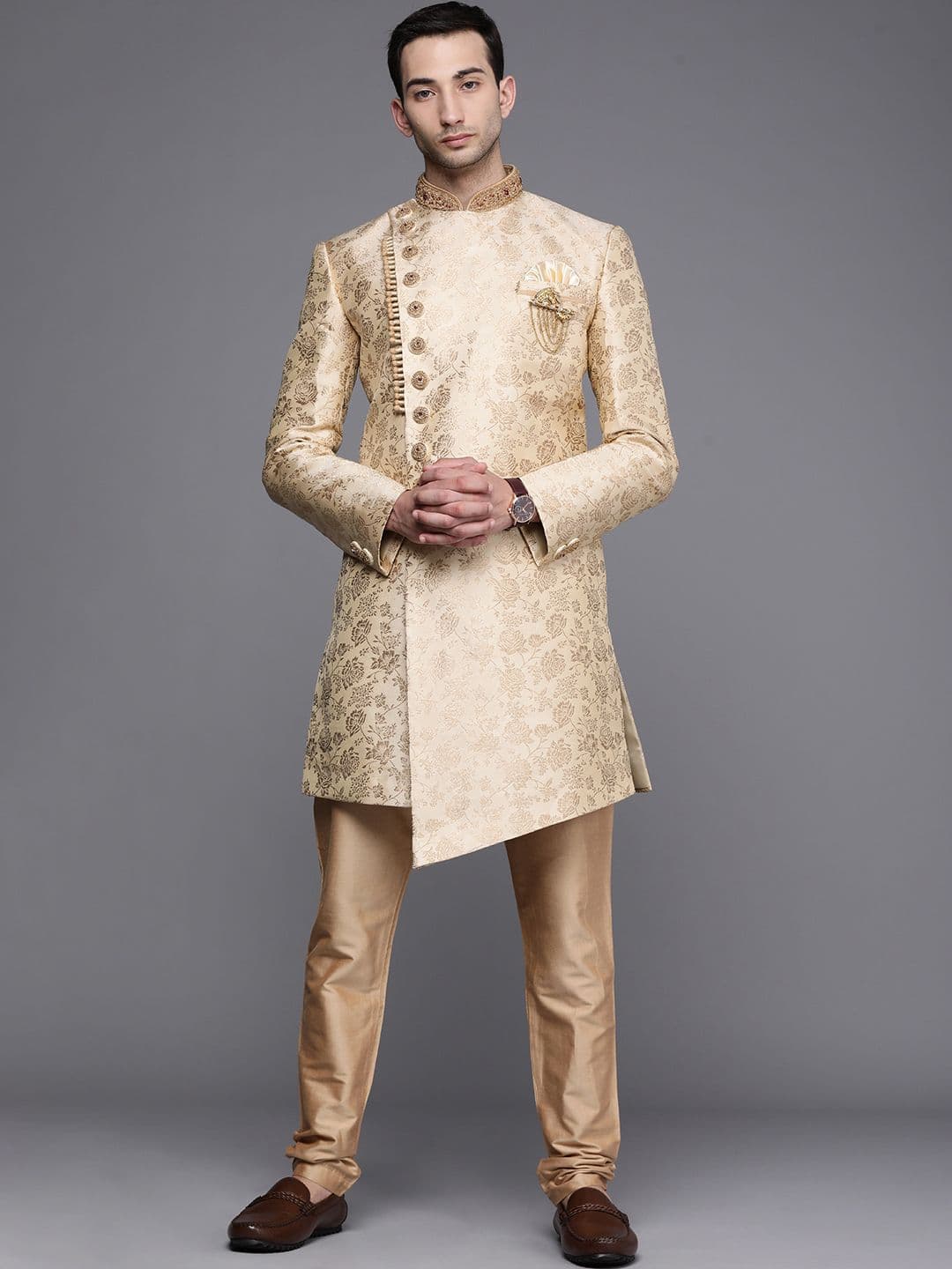 Manyavar Men Beige & Black Floral Printed Jacquard Sherwani and Churidar Set
