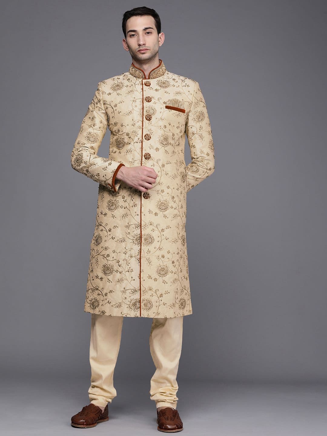 Manyavar Men Beige Floral Embroidered Sherwani and Churidar Set