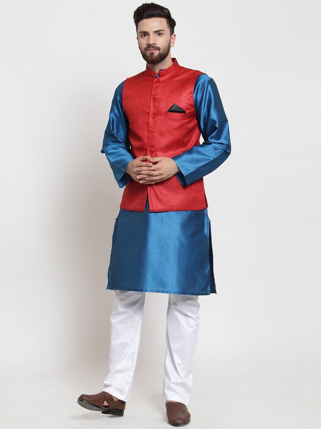 NEUDIS Men Red Woven Design Nehru Jacket - view 1