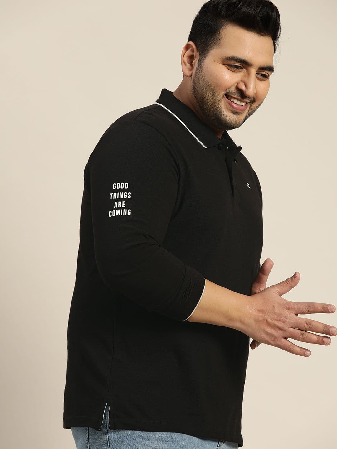 Sztori Men Plus Size Black Solid Polo Collar Pure Cotton T-shirt - view 1