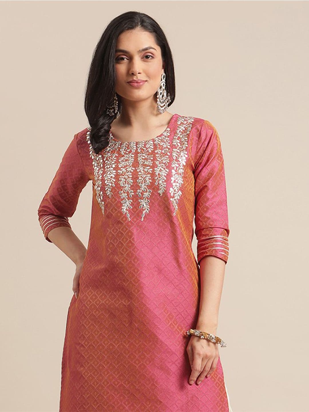 Varanga Women Coral Dual Tone Floral Gota Patti Embroidered Jacquard Kurta - view 1