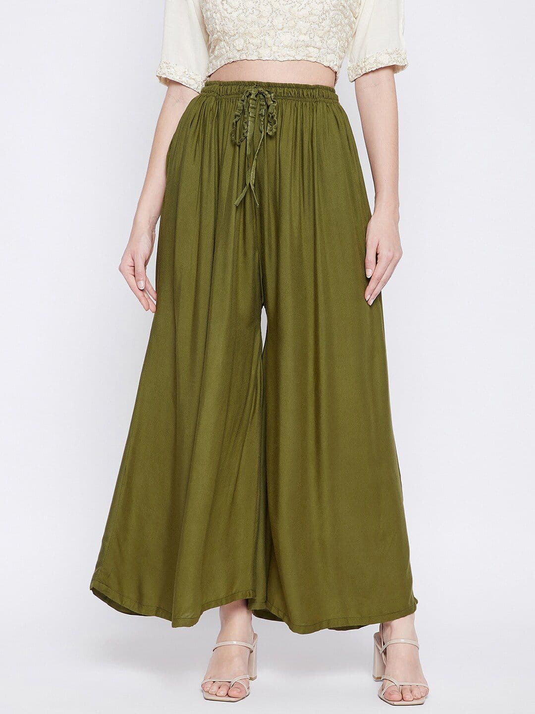 Clora Creation Women Olive Green Flared Knitted Palazzos - view 1