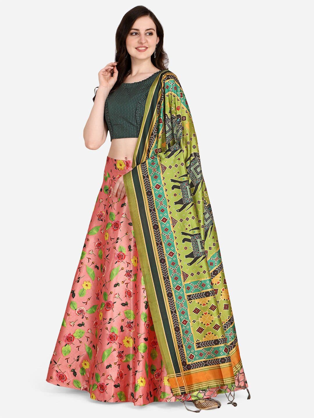 Mitera Pink & Green Semi-Stitched Lehenga & Unstitched Blouse With Dupatta - view 1
