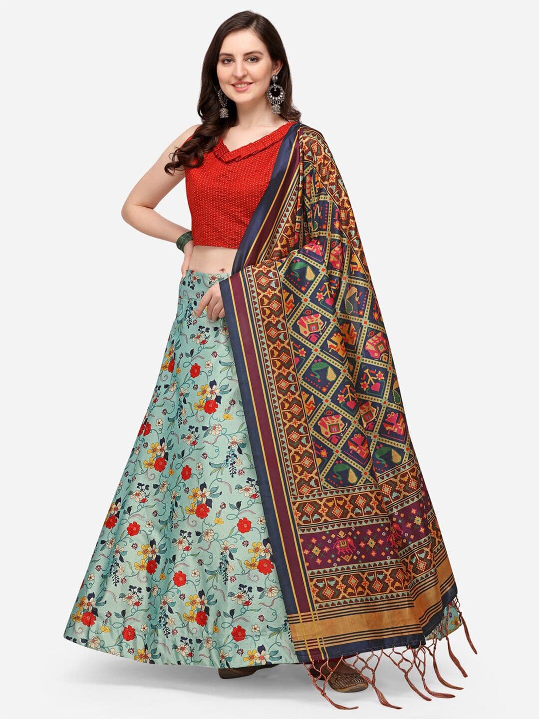 Mitera Turquoise Blue & Red Printed Semi-Stitched Lehenga & Unstitched Blouse With Dupatta - view 1