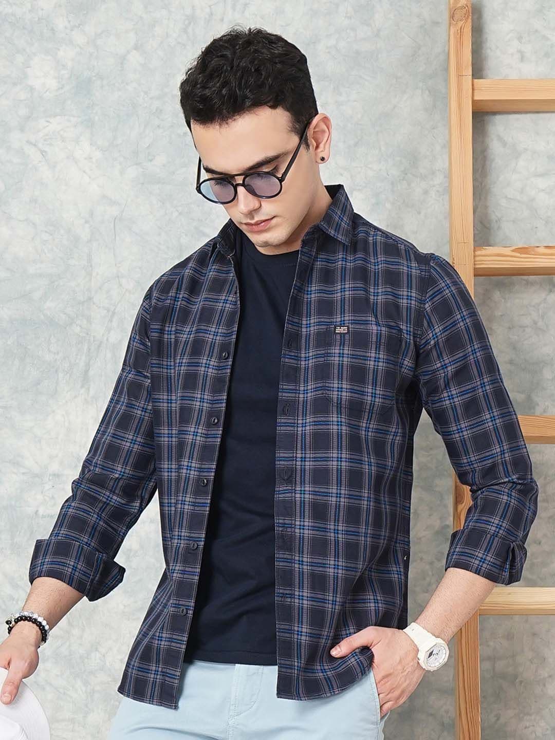 The Indian Garage Co Men Navy Blue Slim Fit Tartan Checks Casual Shirt - view 1