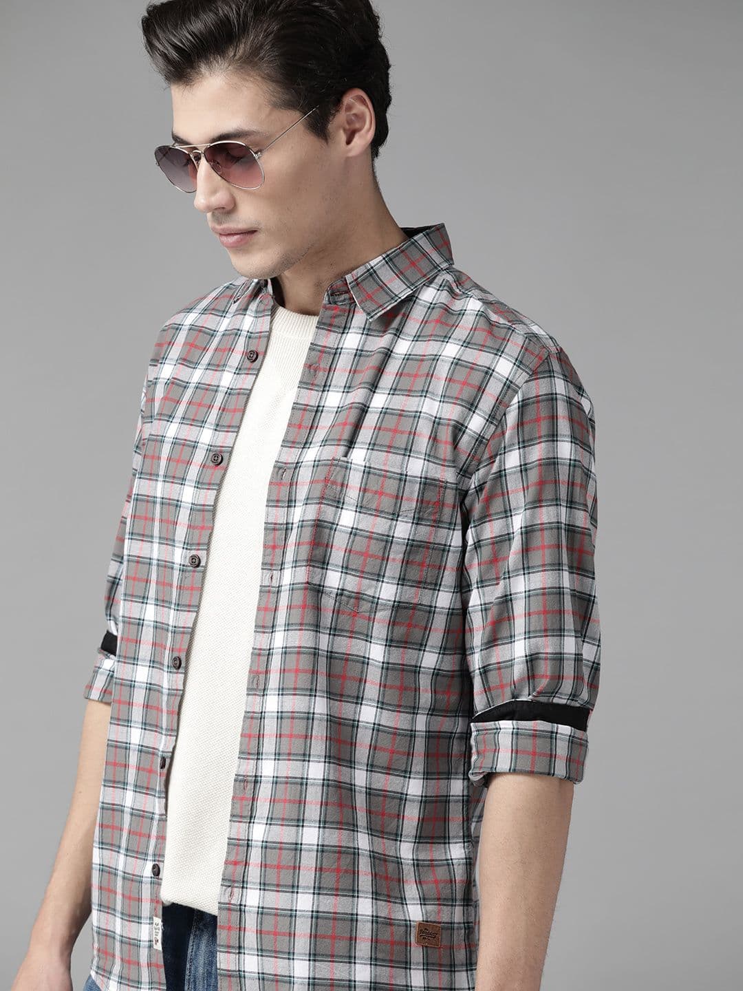 Roadster Men Grey Tartan Checked Pure Cotton Sustainable Casual Shirt - view 1