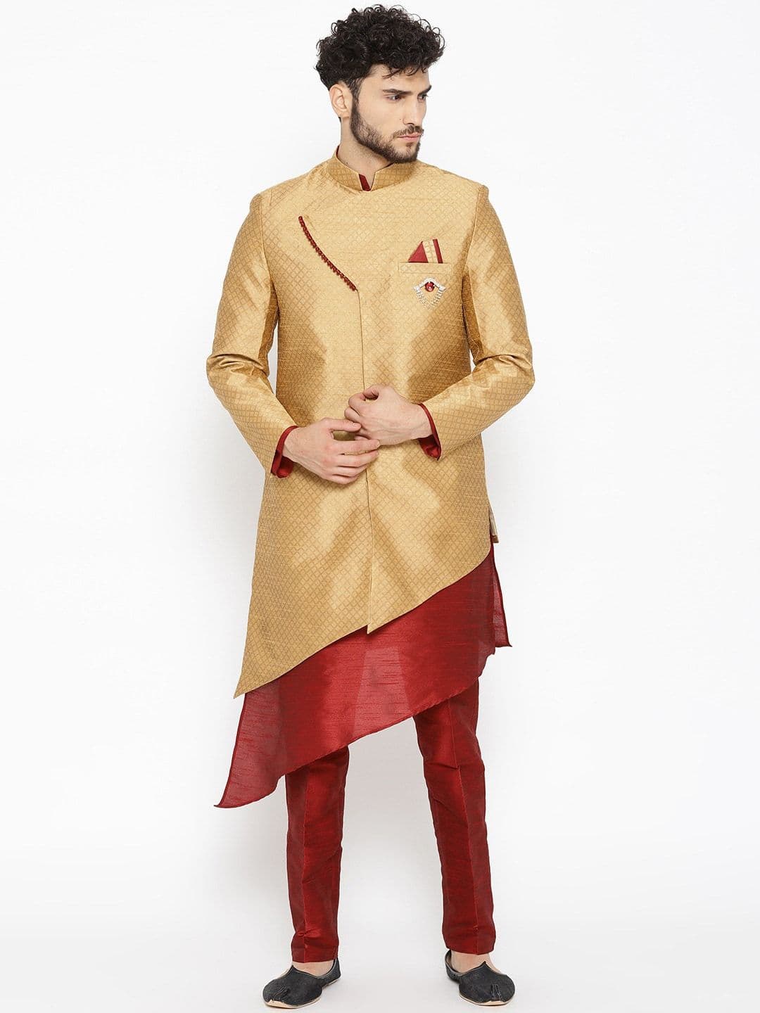 SG RAJASAHAB Men Gold-Coloured & Maroon Sherwani Set