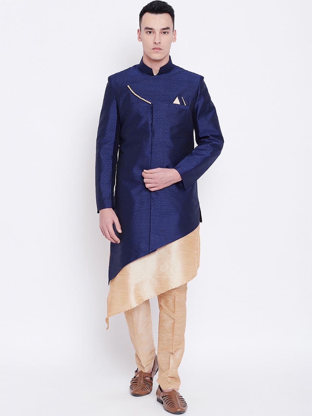 SG RAJASAHAB Men Navy Blue & Gold-Coloured Solid Sherwani Set