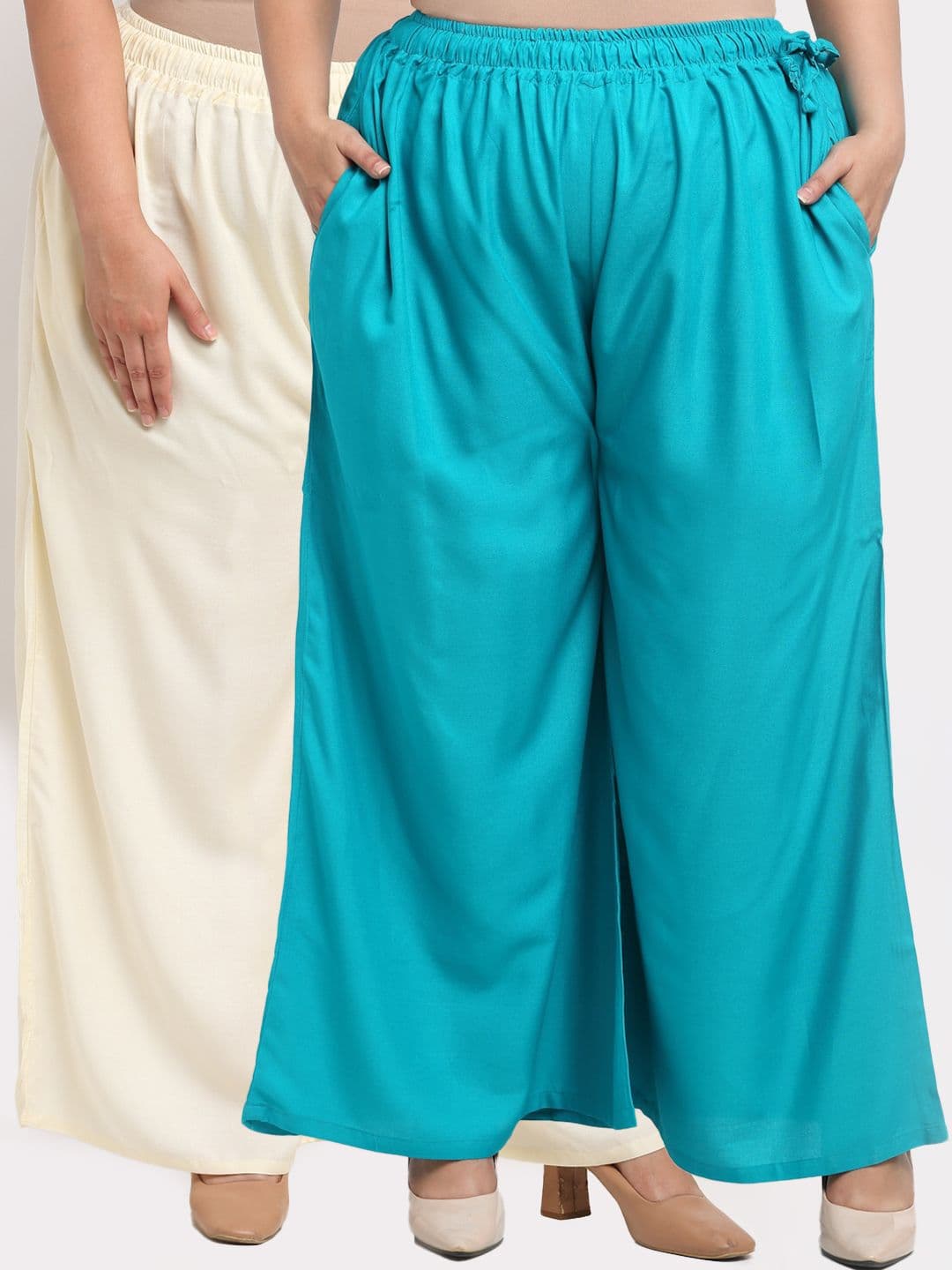 TAG 7 PLUS Women Cream-Coloured & Blue Pack of 2 Ethnic Palazzos - view 1