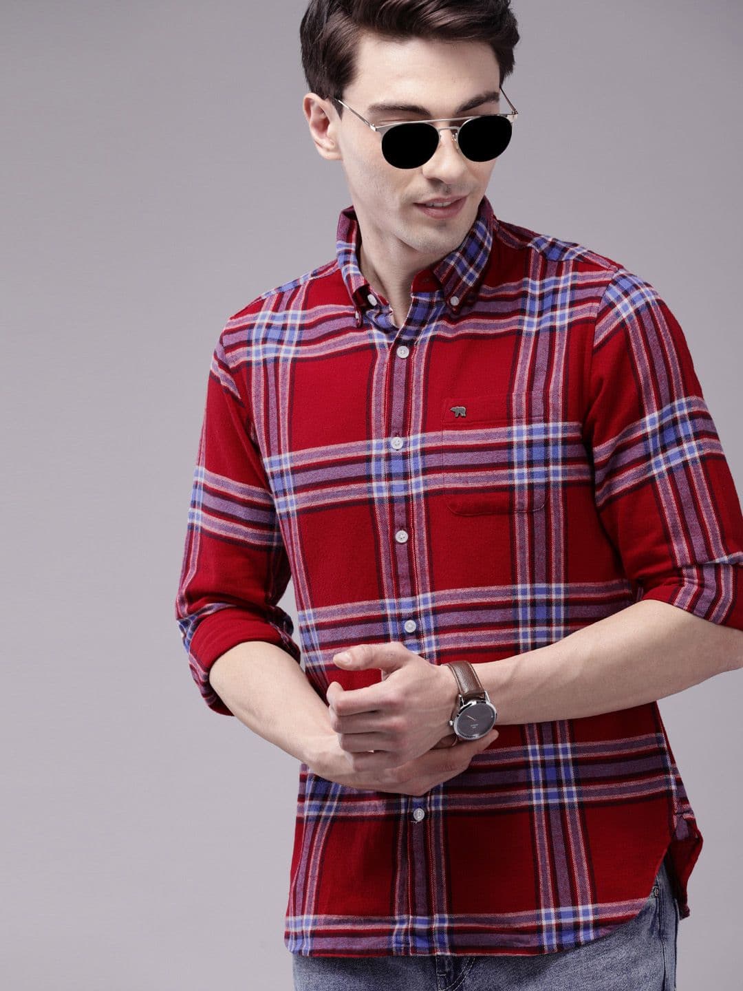 THE BEAR HOUSE Men Red Slim Fit Windowpane Checks Opaque Checked Casual Shirt - view 1