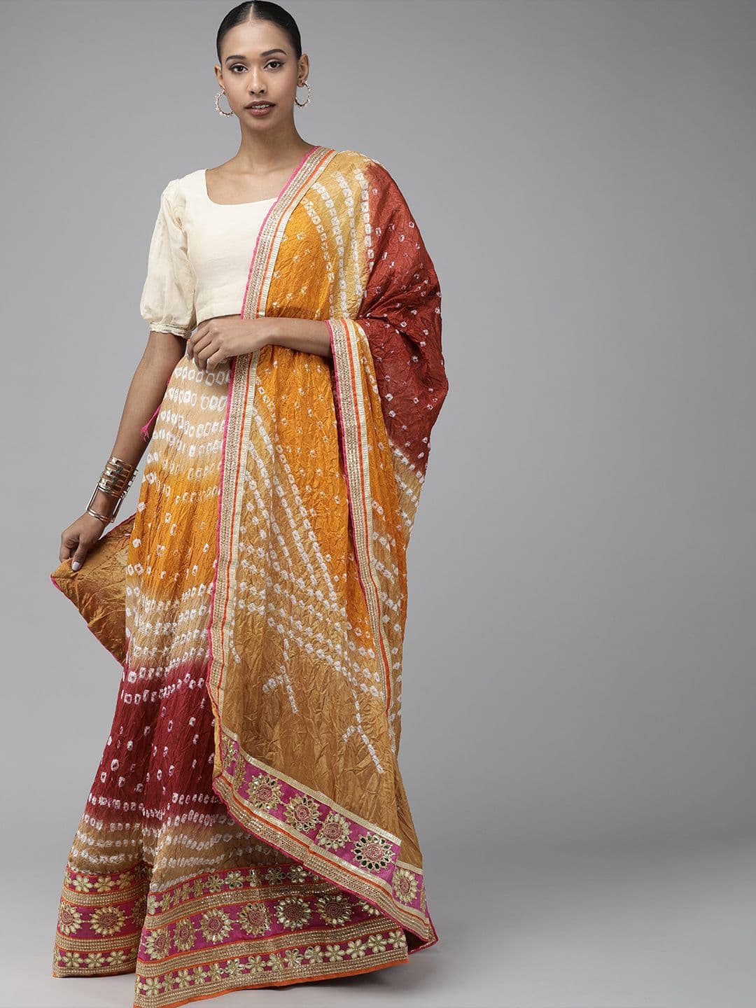 Geroo Jaipur Multicoloured Hand Bandhani Silk Ready Lehenga, Unstitched Blouse & Dupatta - view 1