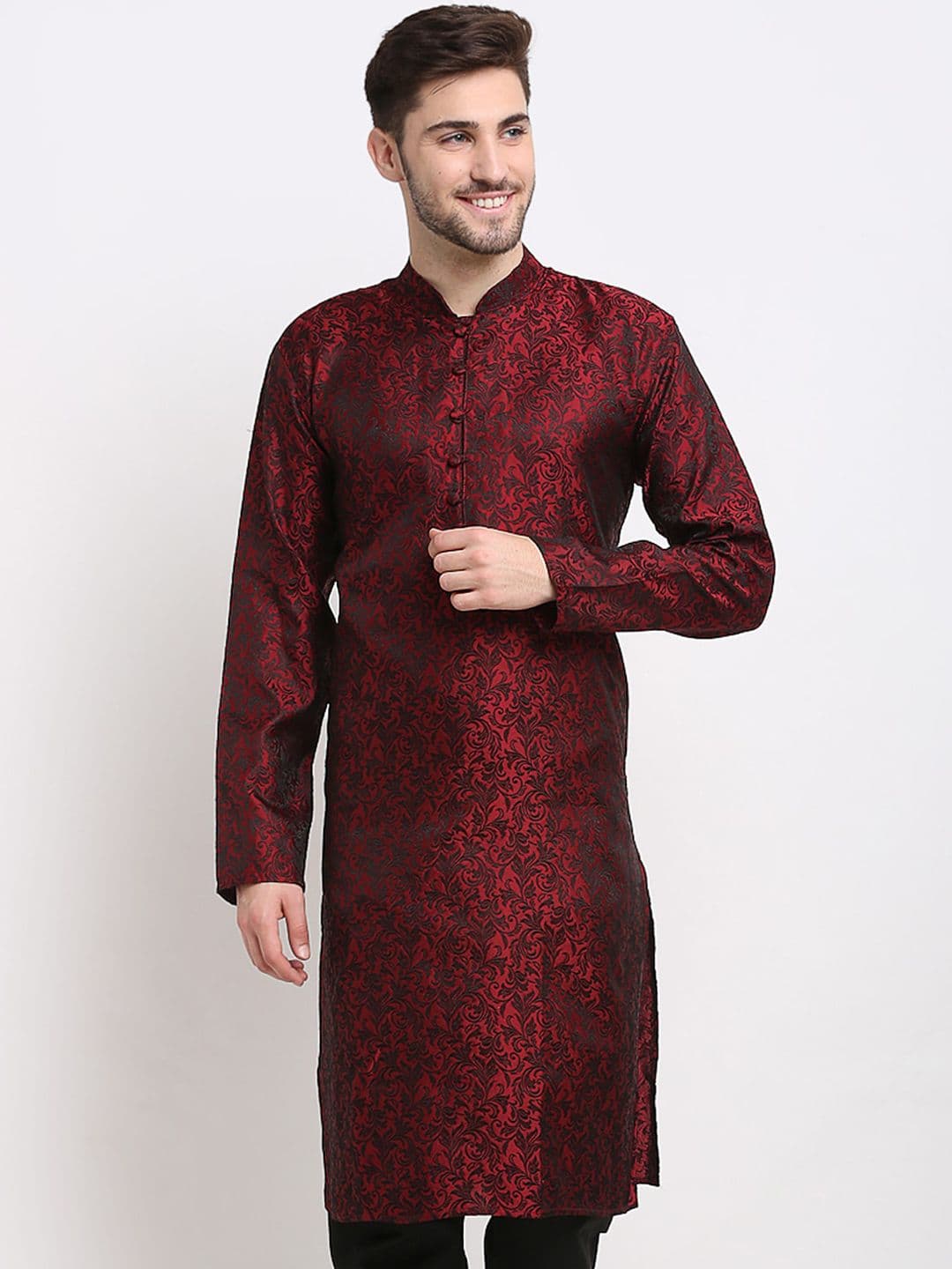 Jompers Men Maroon & Black Ethnic Motifs Jacquard Kurta - view 1