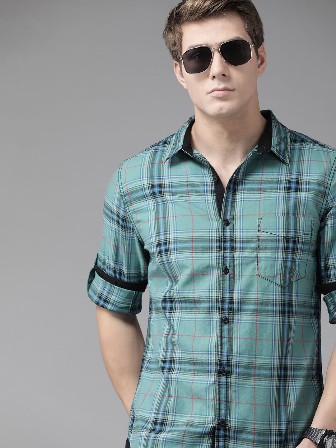 Roadster Men Sea Green Tartan Checked Cotton Casual Shirt - view 1
