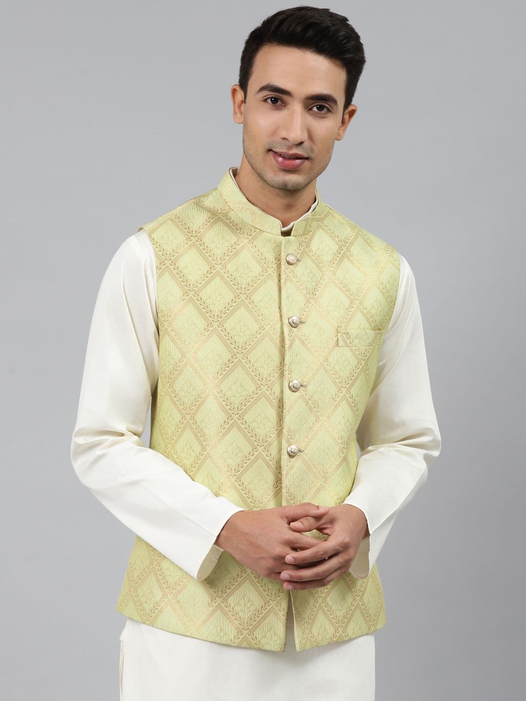 MANQ Men Green Woven Jaquard Silk Nehru Jacket - view 1