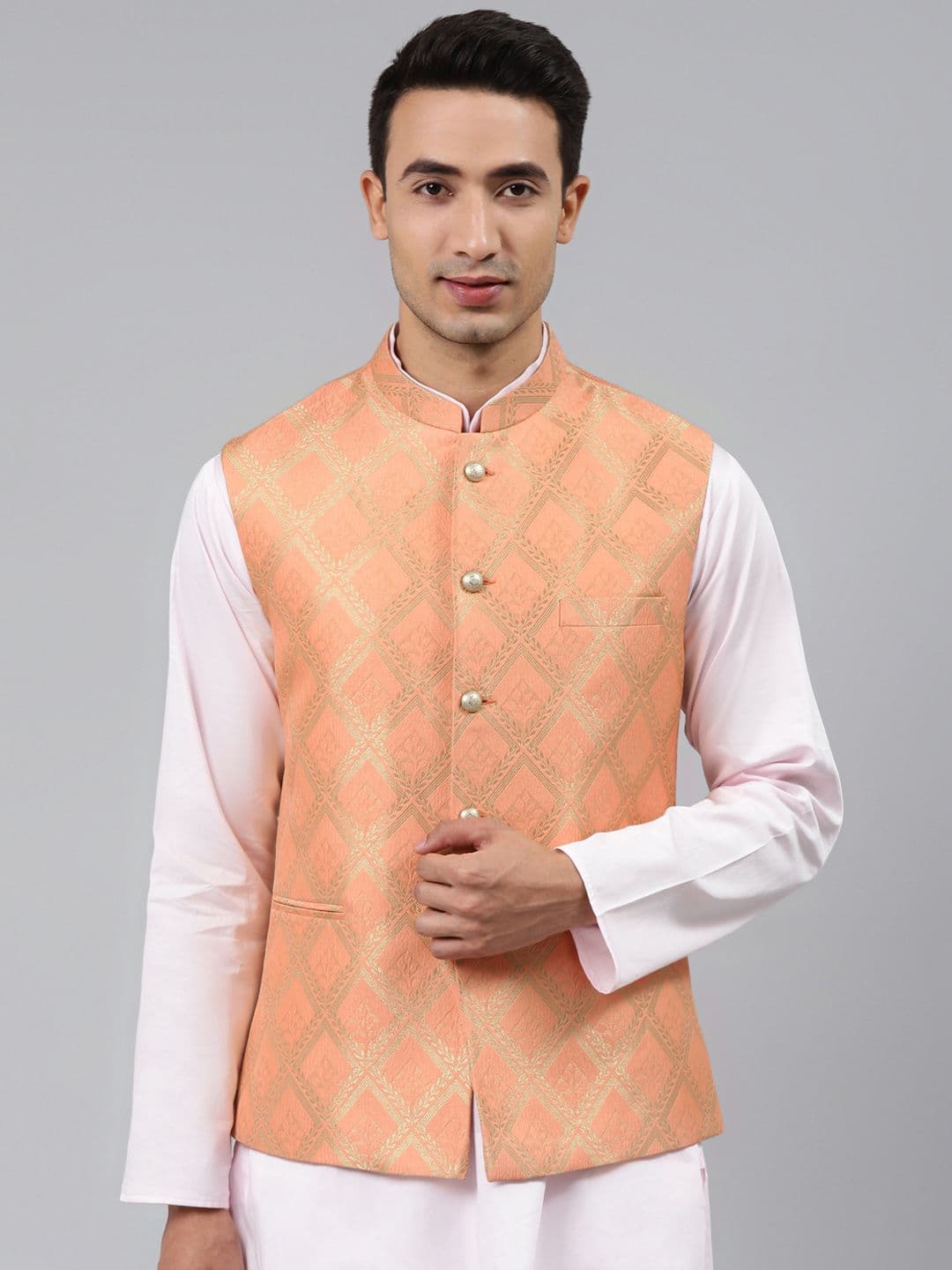 MANQ Men Peach Woven Jaquard Silk Nehru Jacket - view 1