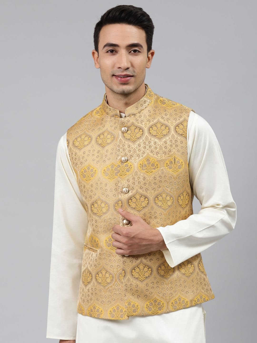 MANQ Men Gold Toned Woven Jaquard Silk Nehru Jacket - view 1