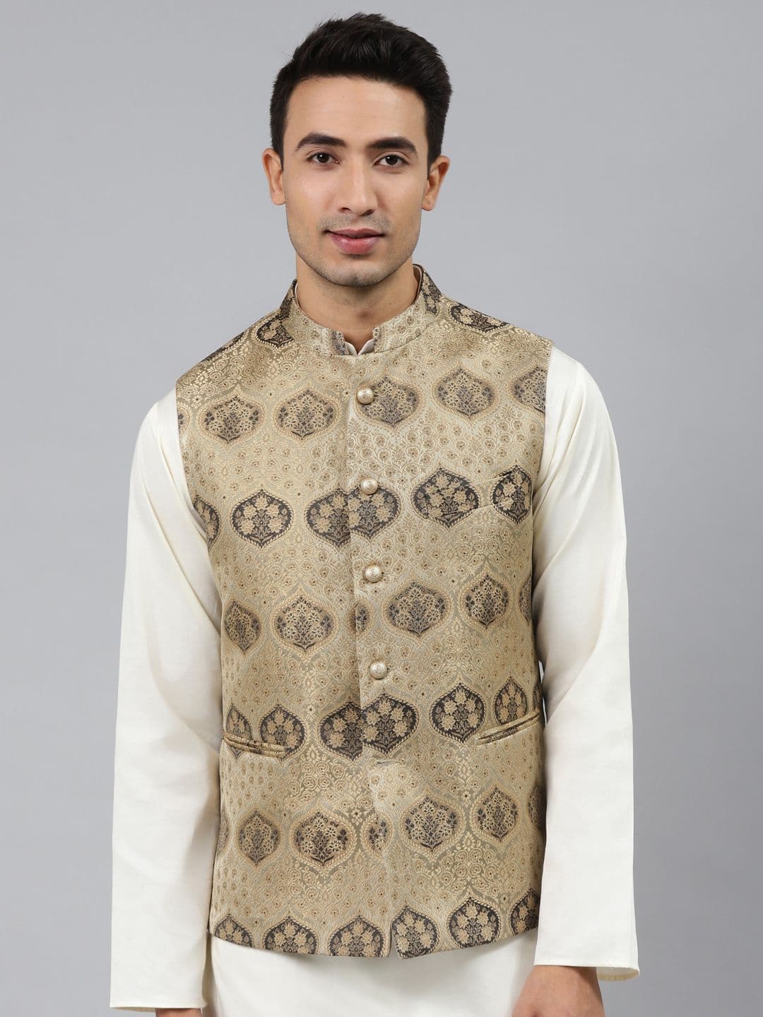 MANQ Men Gold Toned & Black Woven Jaquard Silk Nehru Jacket - view 1