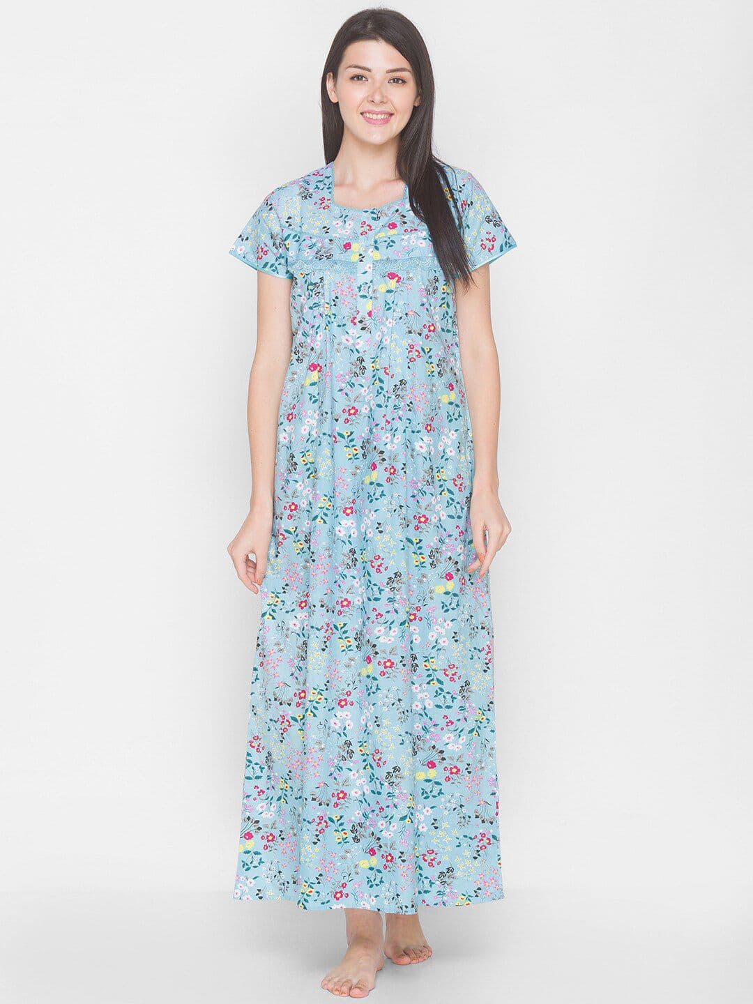 AV2 Blue Printed Maternity Nursing Pure Cotton Maxi Nightdress - view 1