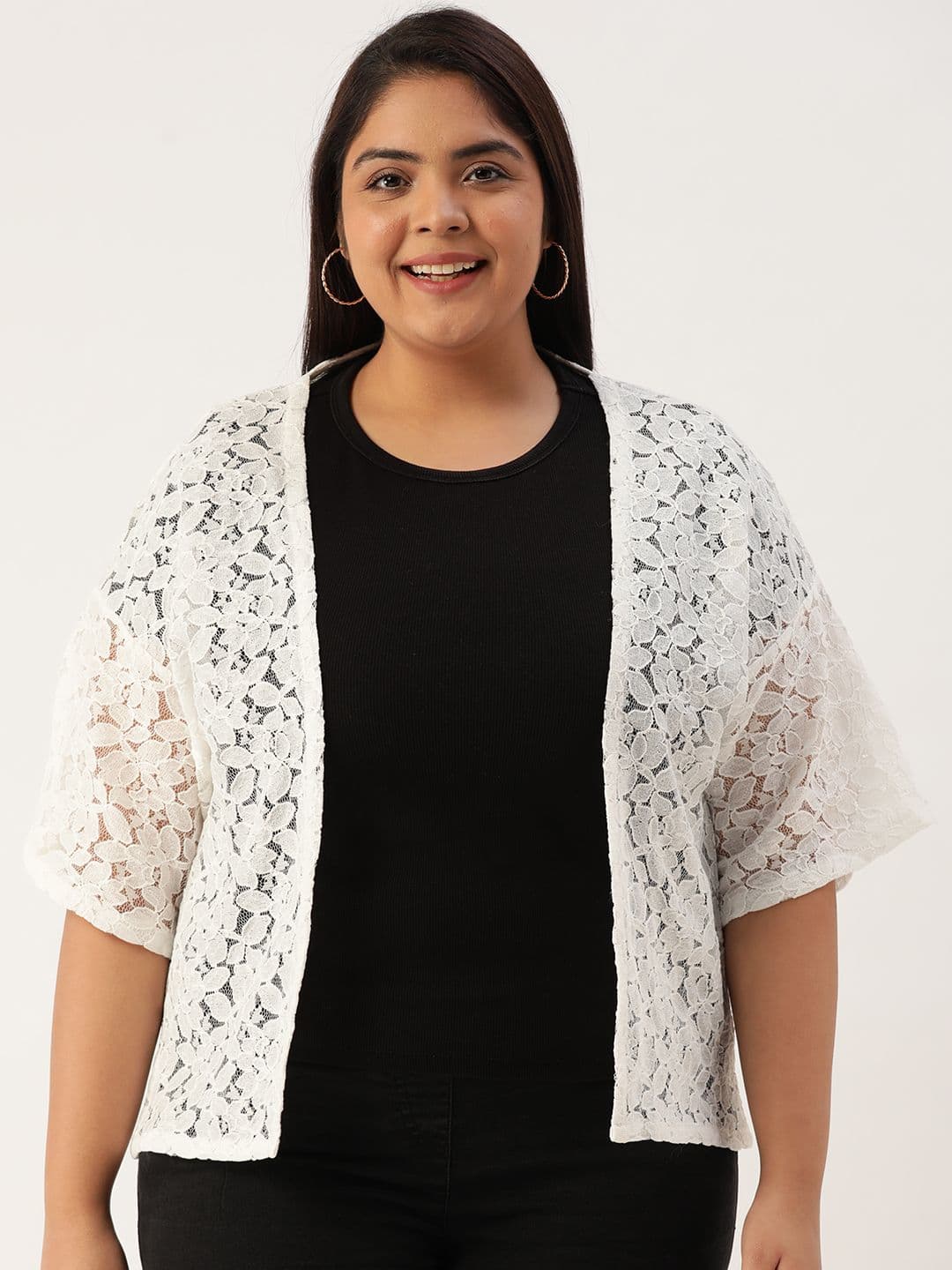 Rute Plus Size Women White Self Design Open Front Shrug - view 1