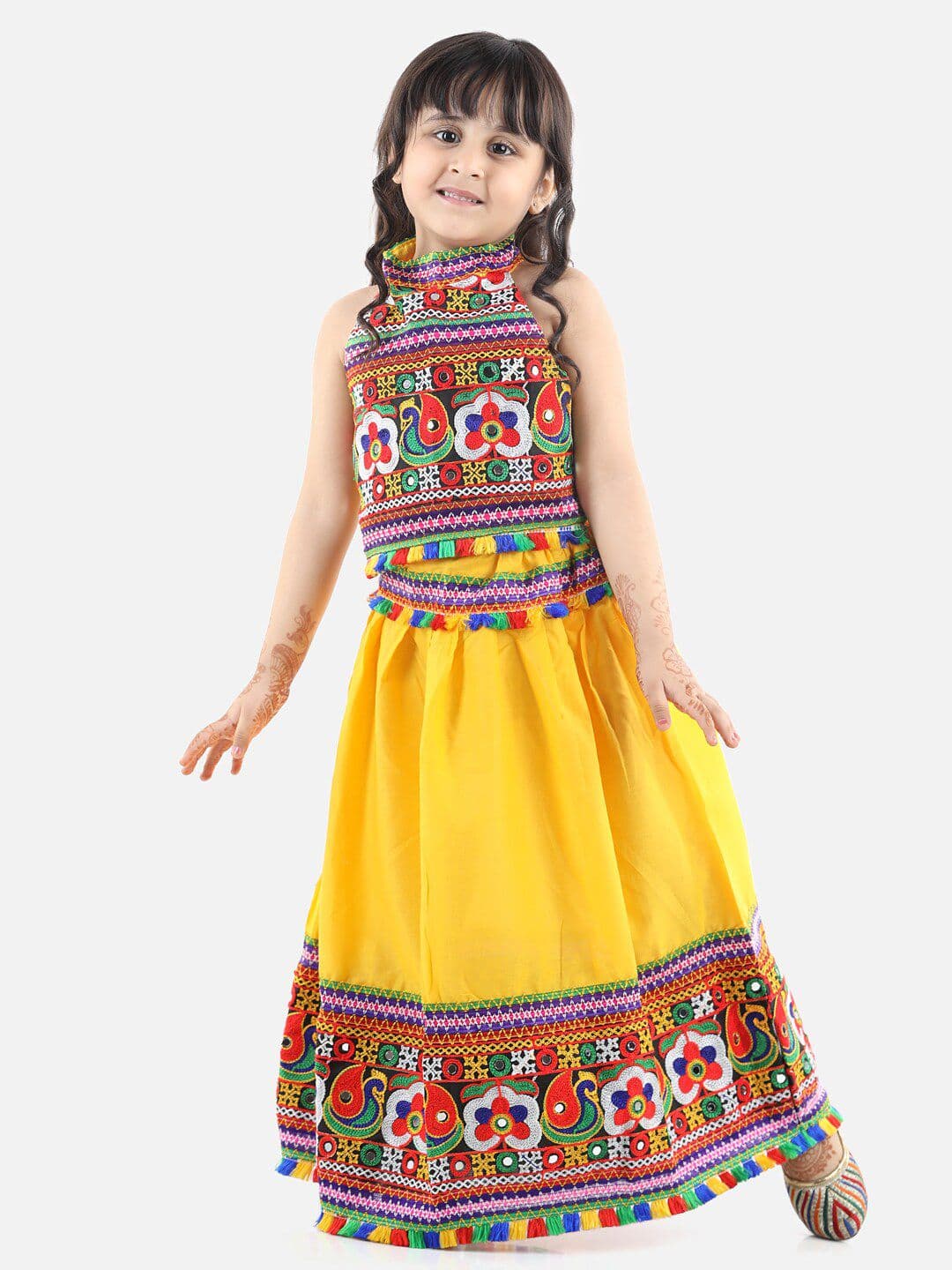 BownBee Girls Yellow & Red Embroidered Ready to Wear Lehenga & Blouse - view 1