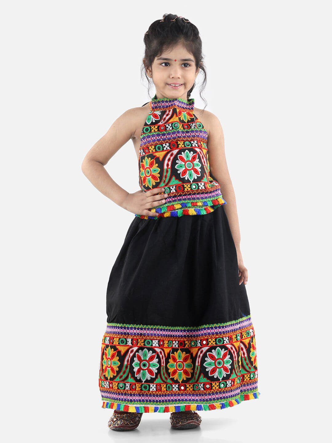 BownBee Girls Black & White Embellished Mirror Work Cotton Ready to Wear Lehenga - view 1
