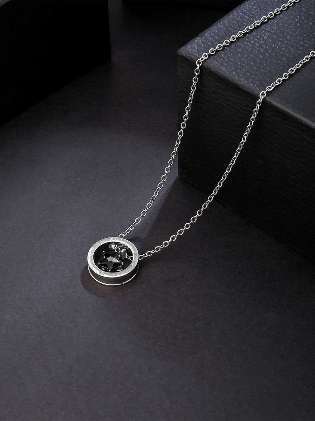 Yellow Chimes Silver-Toned Black CZ Stone Studded Pendant With Chain - view 1