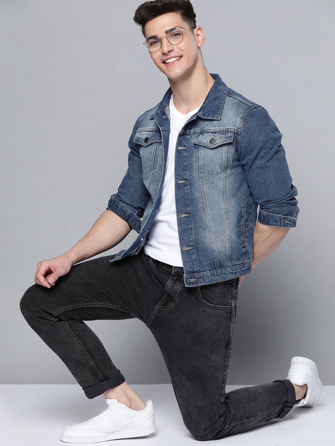 Mast & Harbour Men Navy Blue Solid Pure Cotton Denim Jacket - view 1