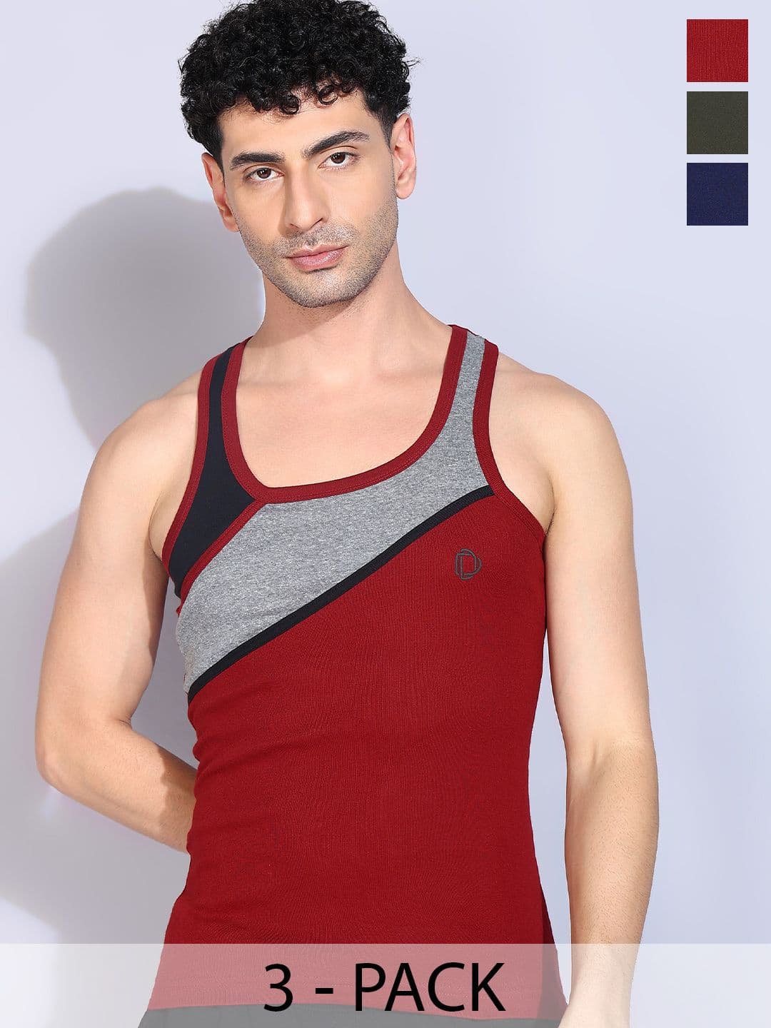 Dollar Bigboss Men Solid Pack of 3 Cotton Racerback Styled Gym Vest - view 1