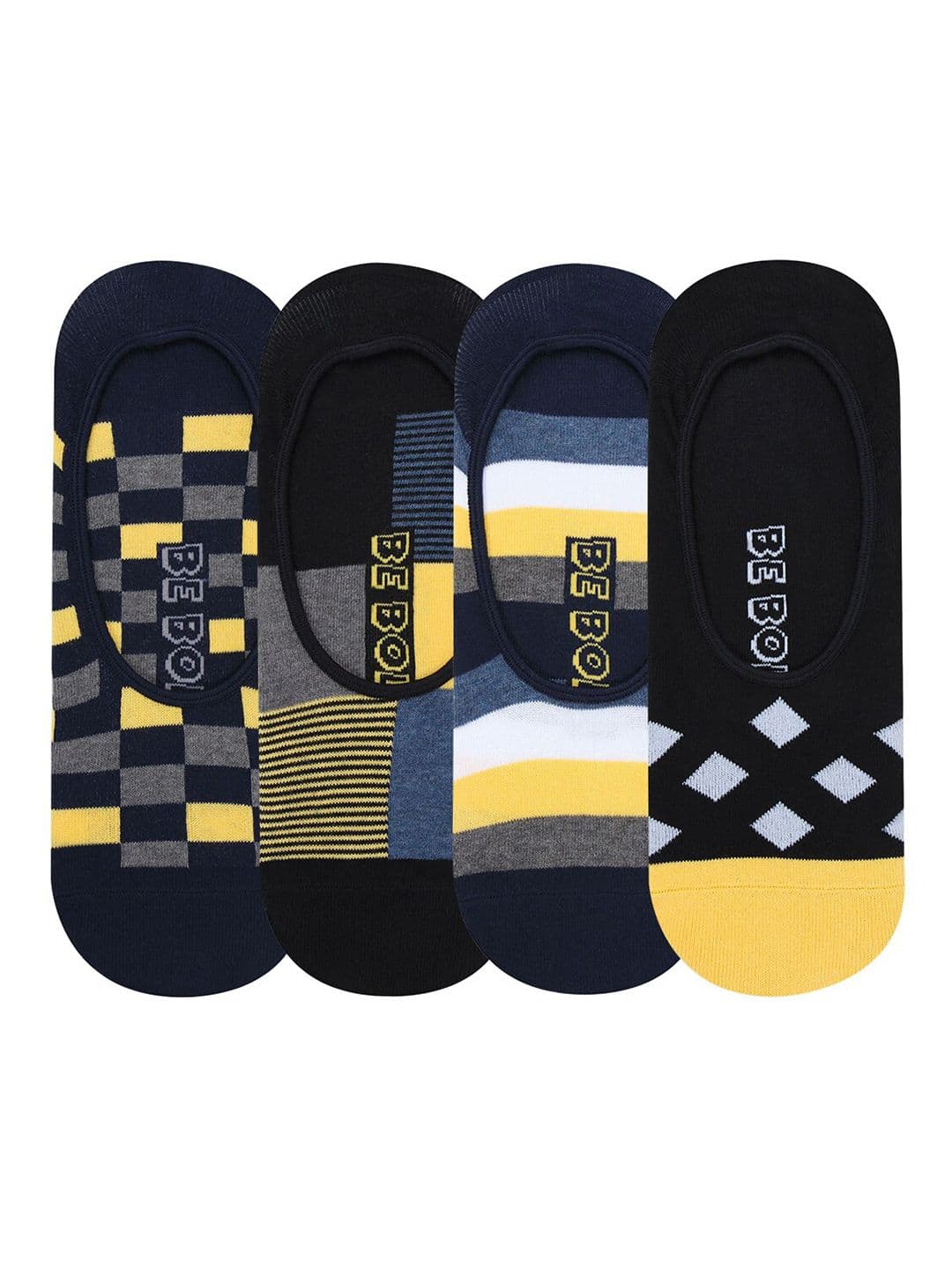 Bonjour Men Black & Yellow Cotton Loafer Socks - Pack Of 4 - view 1