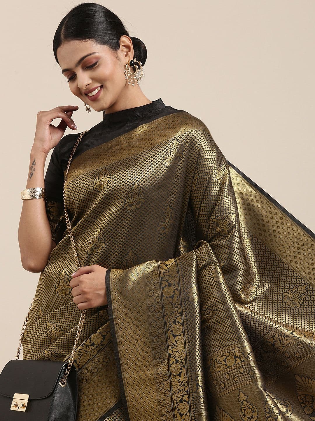 Saree mall Black & Gold-Toned Ethnic Motifs Zari Silk Blend Banarasi Sarees - view 1