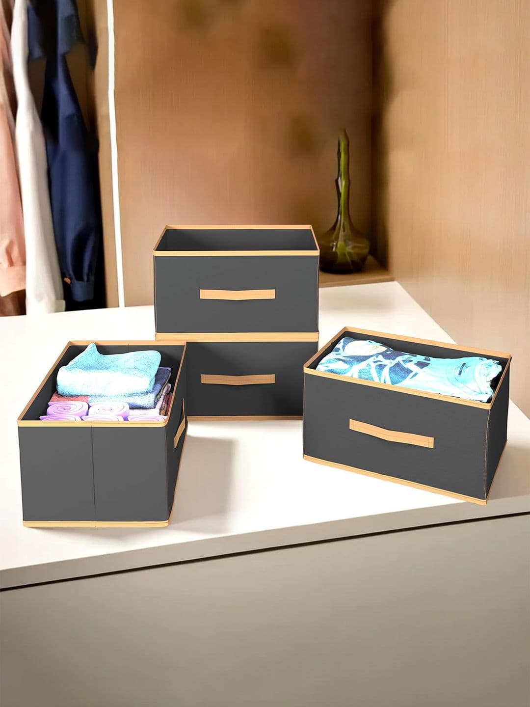 Kuber Industries Set Of 4 Black & Beige Solid Rectangular Foldable Storage Organizers - view 1
