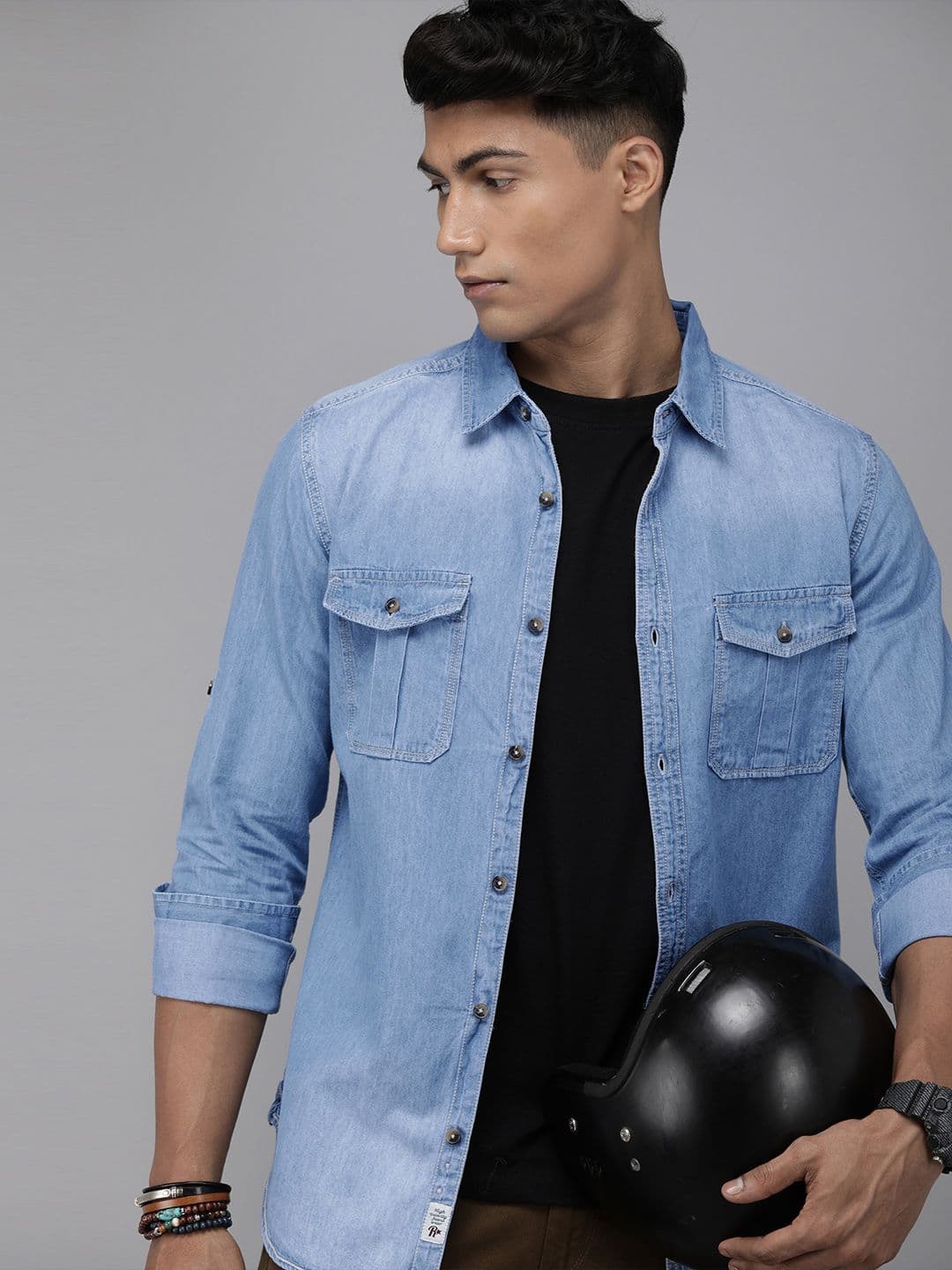 The Roadster Lifestyle Co Men Blue Regular Fit Faded Opaque Pure Cotton Casual Denim Shirt with Pockets - view 1