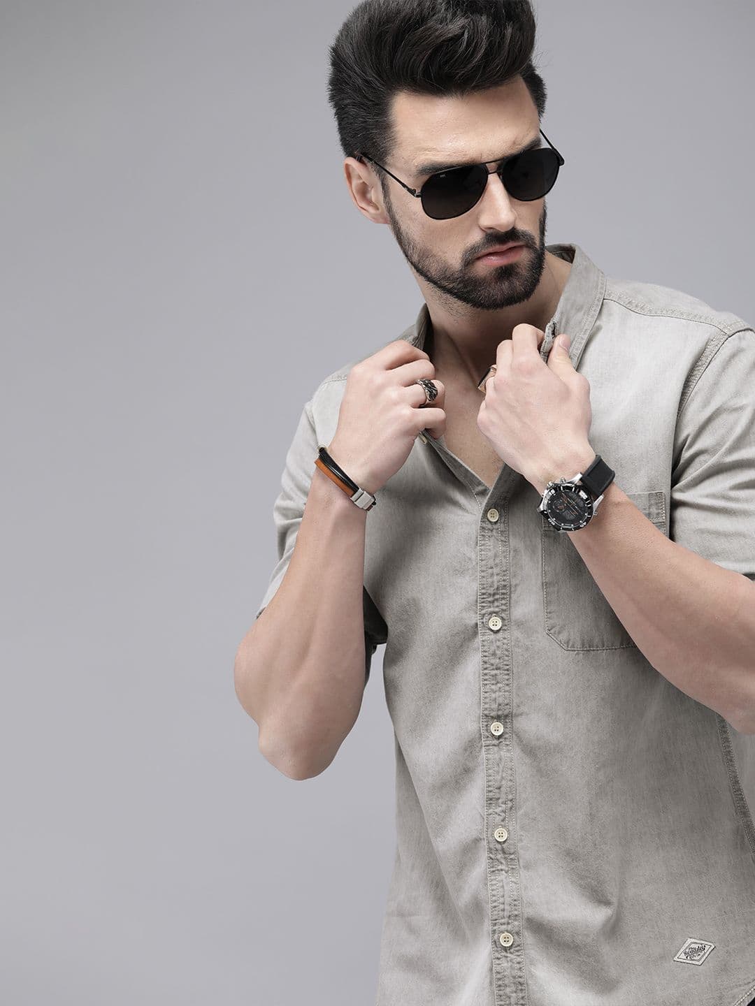Roadster Men Grey Solid Regular Fit Cotton Casual Shirt - view 1