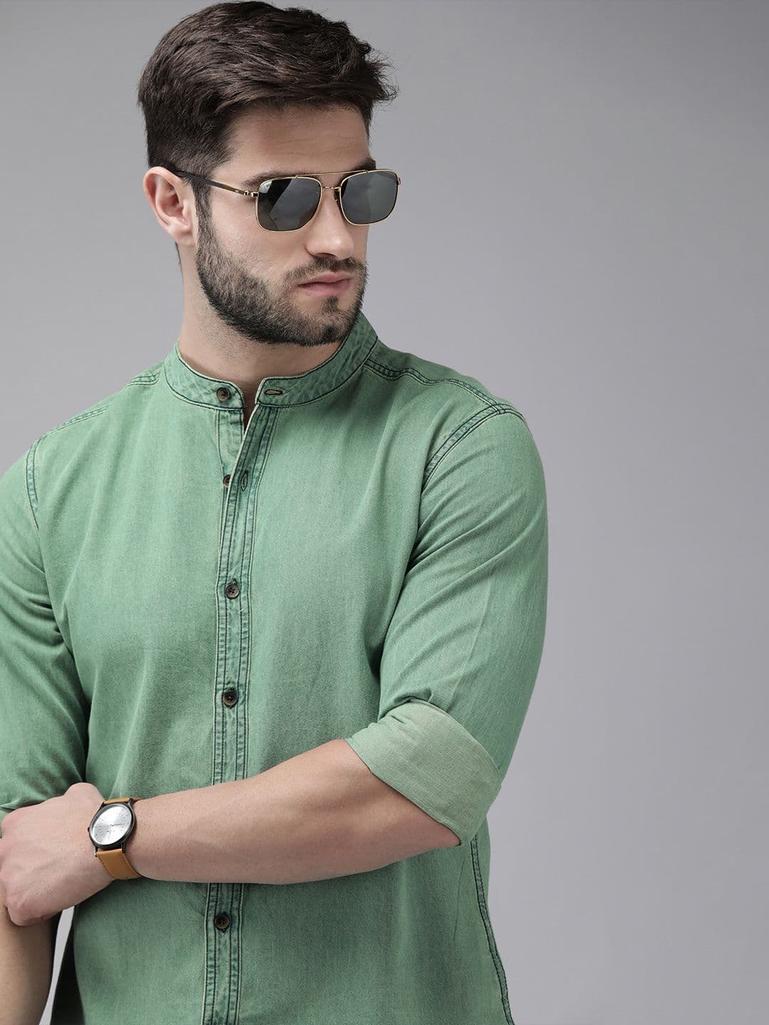 The Roadster Lifestyle Co Mandarin-Collar Regular Fit Chambray Casual Shirt - view 1