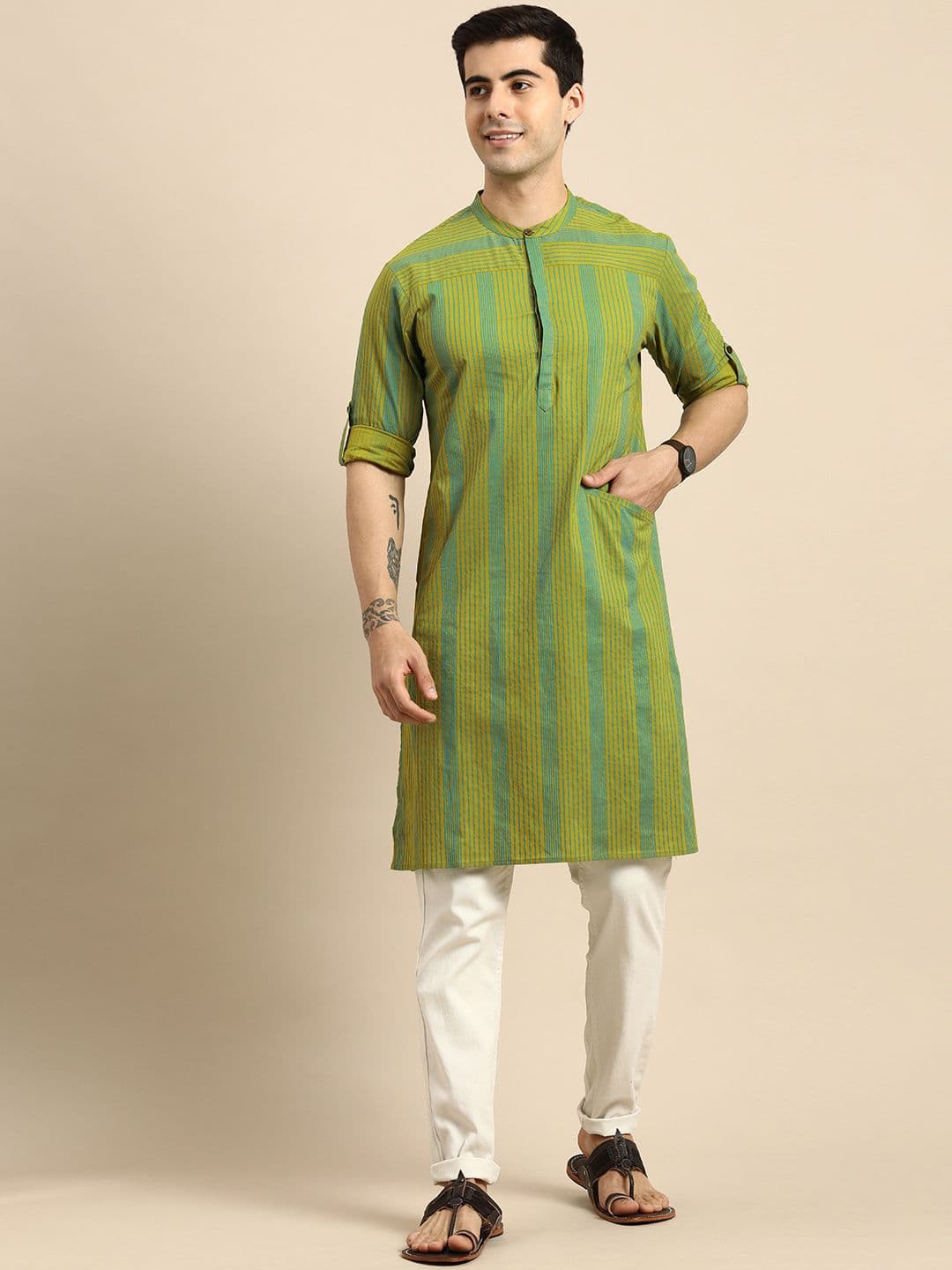 Anouk Men Green & Blue Striped Kurta - view 1