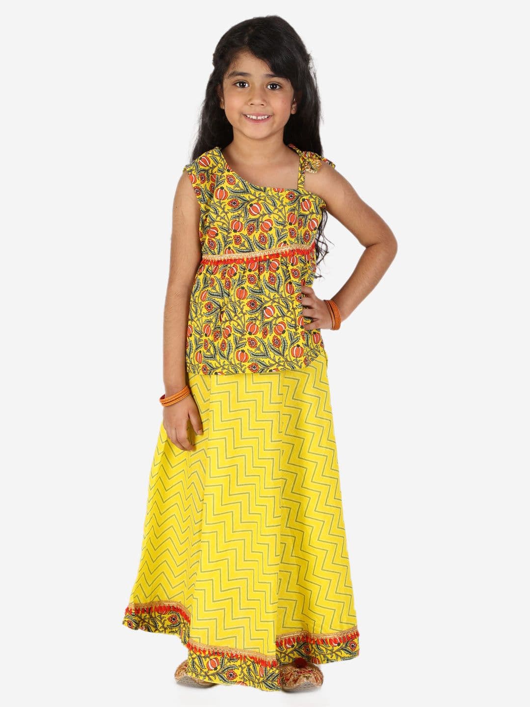 Superminis Girls Yellow & Red Printed Ready to Wear One Shoulder Cotton Lehenga Choli - view 1