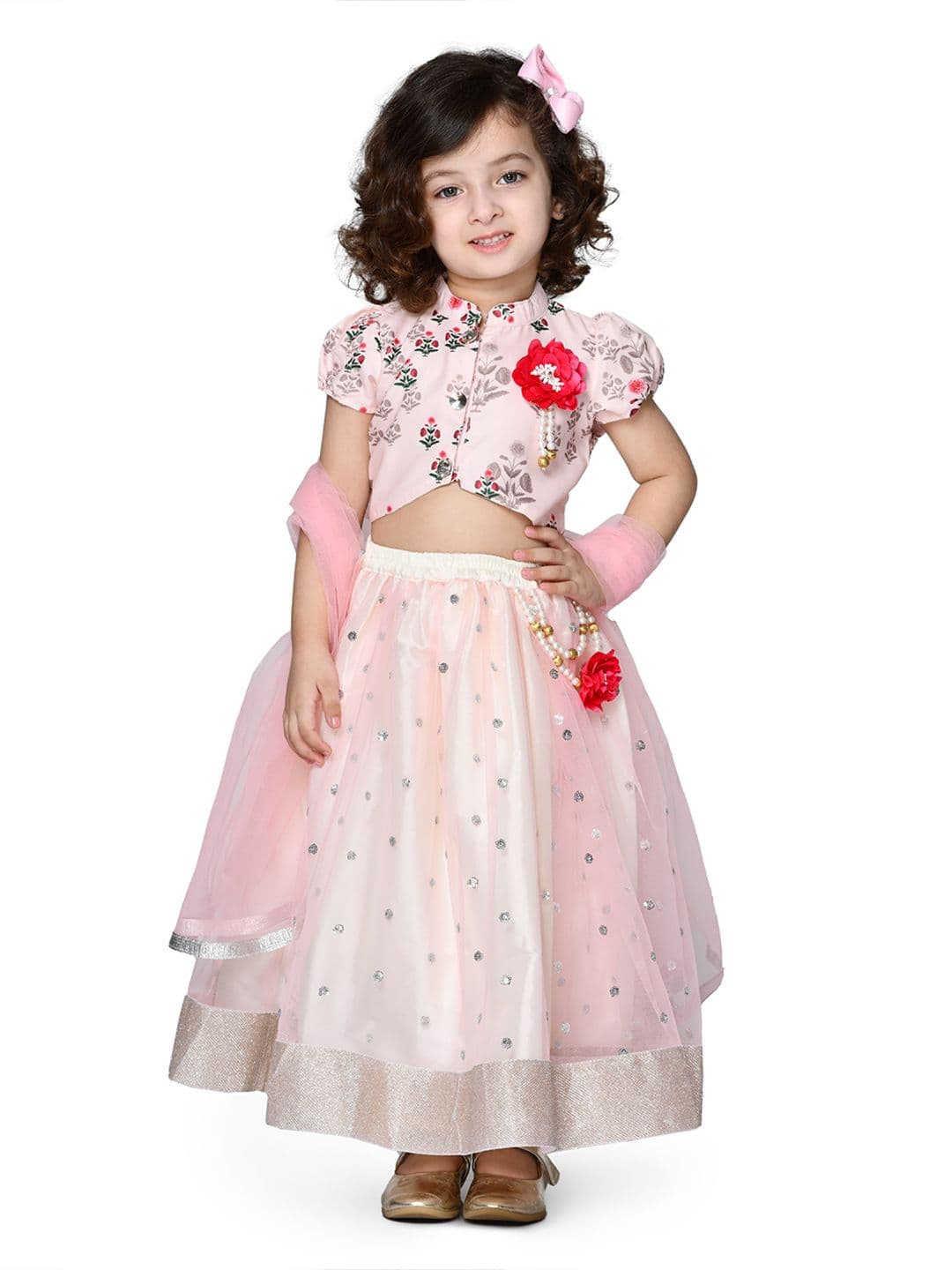 SAKA DESIGNS Girls Pink & Silver Floral Printed Ready To Wear Lehenga Blouse & Dupatta - view 1