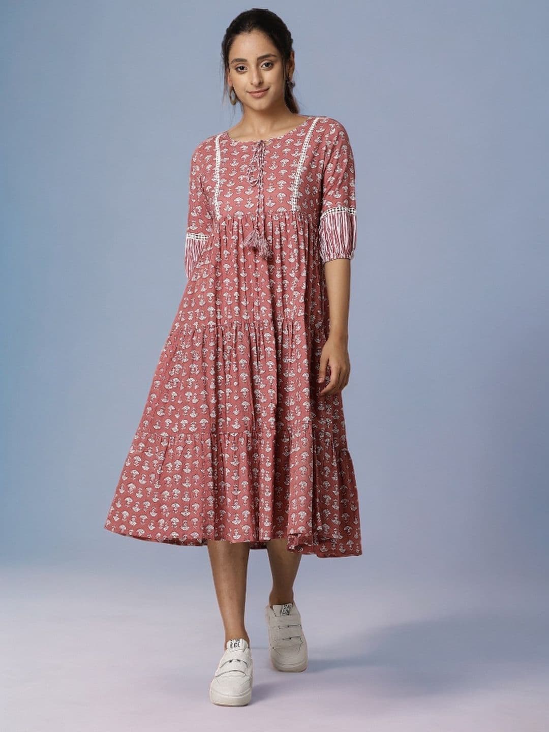 Azira Pink Ethnic Motifs Tie-Up Neck Cotton A-Line Midi Dress - view 1