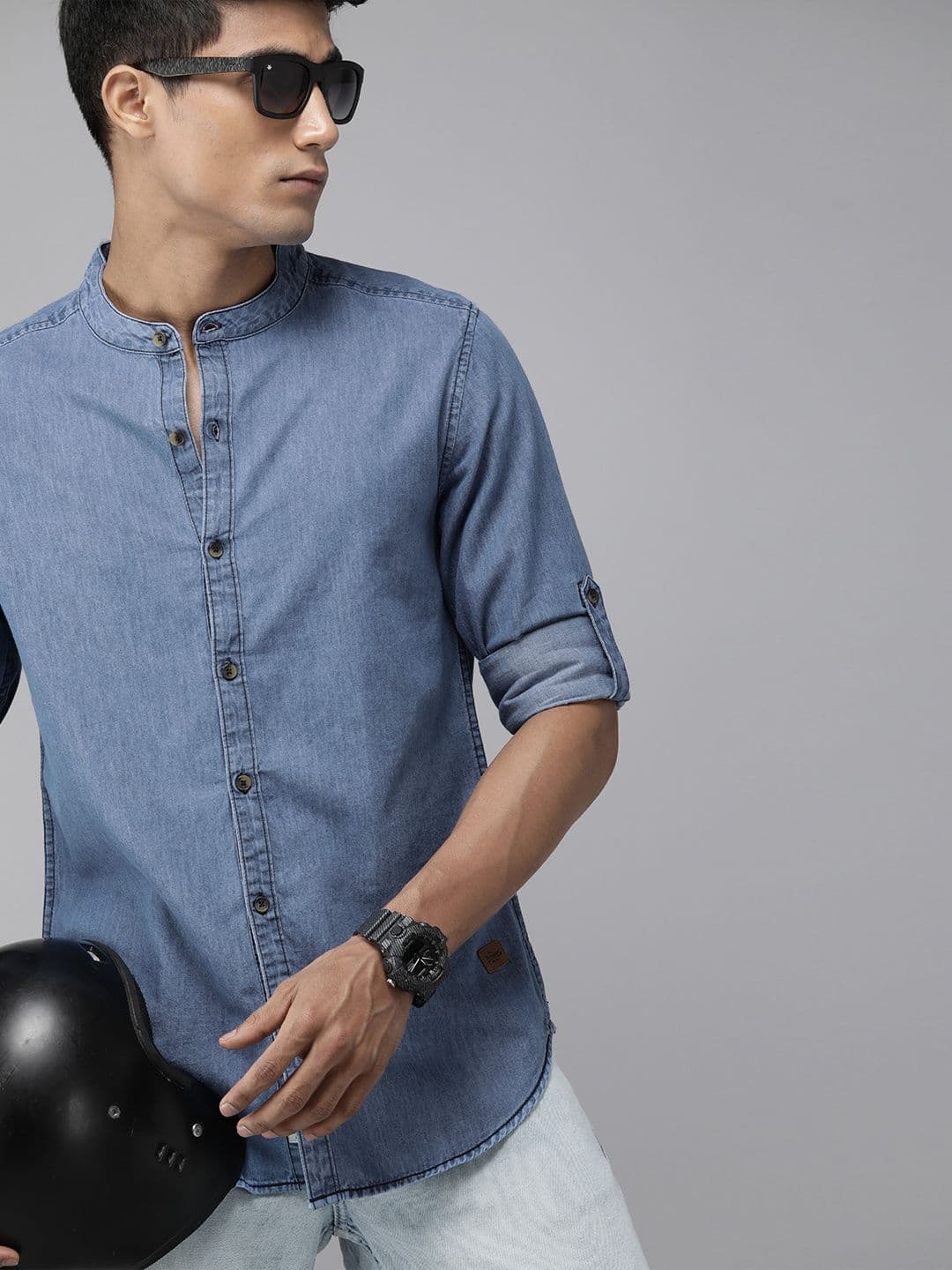Roadster Men Blue Solid Cotton Denim Shirt - view 1