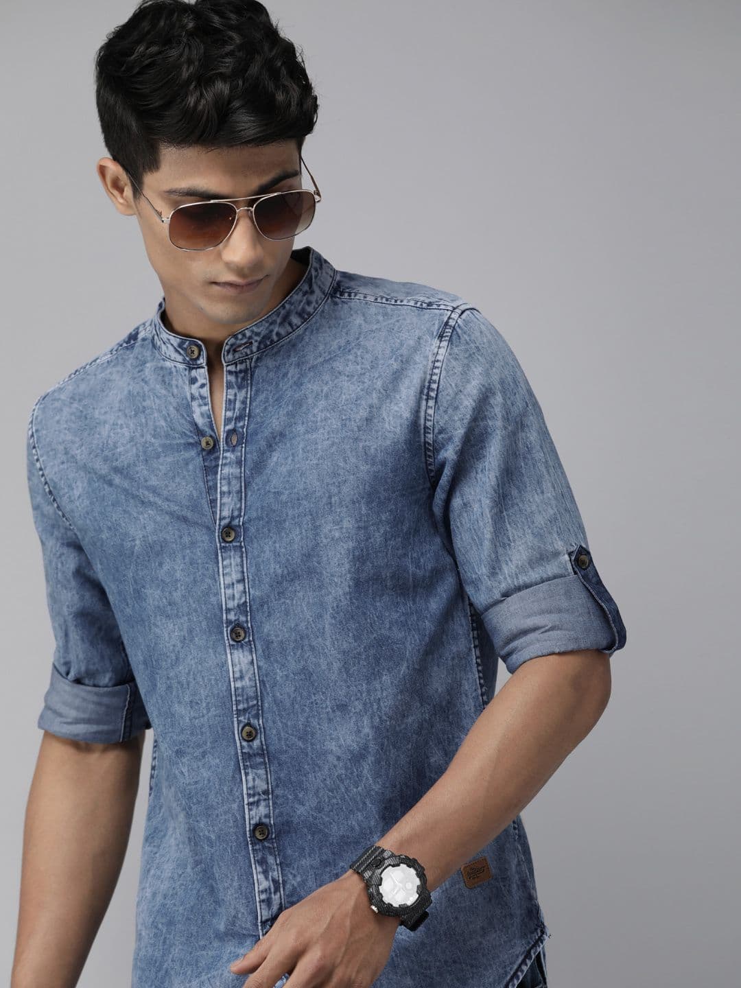 Roadster Men Blue Solid Washed Cotton Denim Shirt - view 1