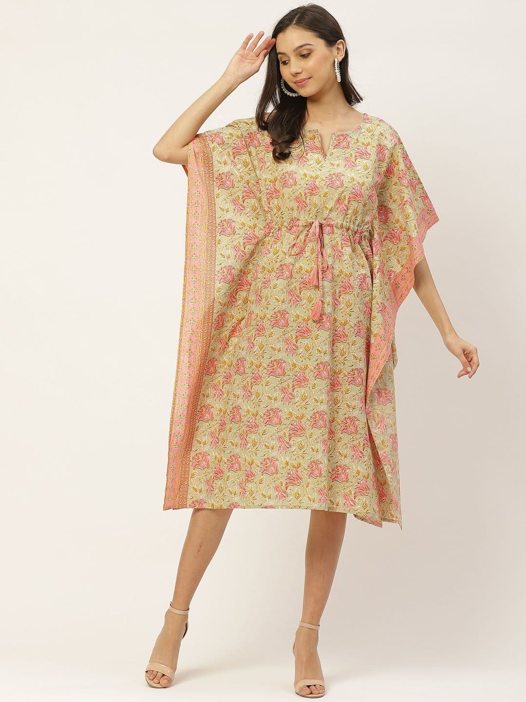 Maaesa Green Pink Floral Printed Kaftan Midi Cotton Dress - view 1