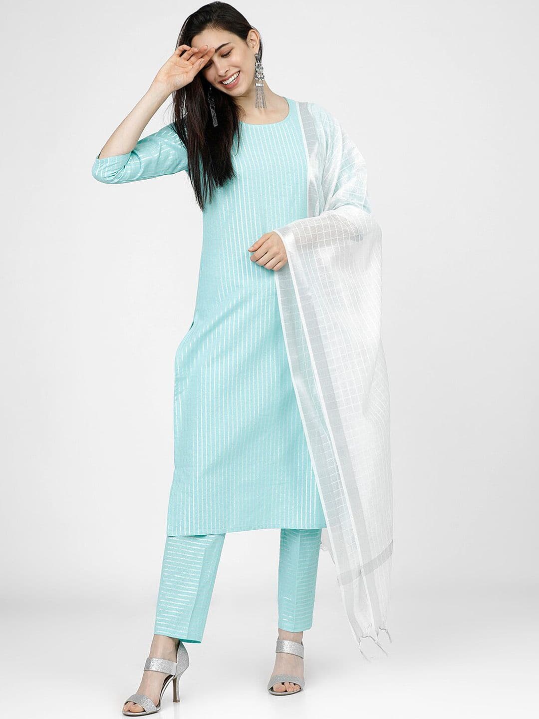 Vishudh Women Blue Striped Regular Pure Cotton Kurta With Trousers & Dupatta - view 1