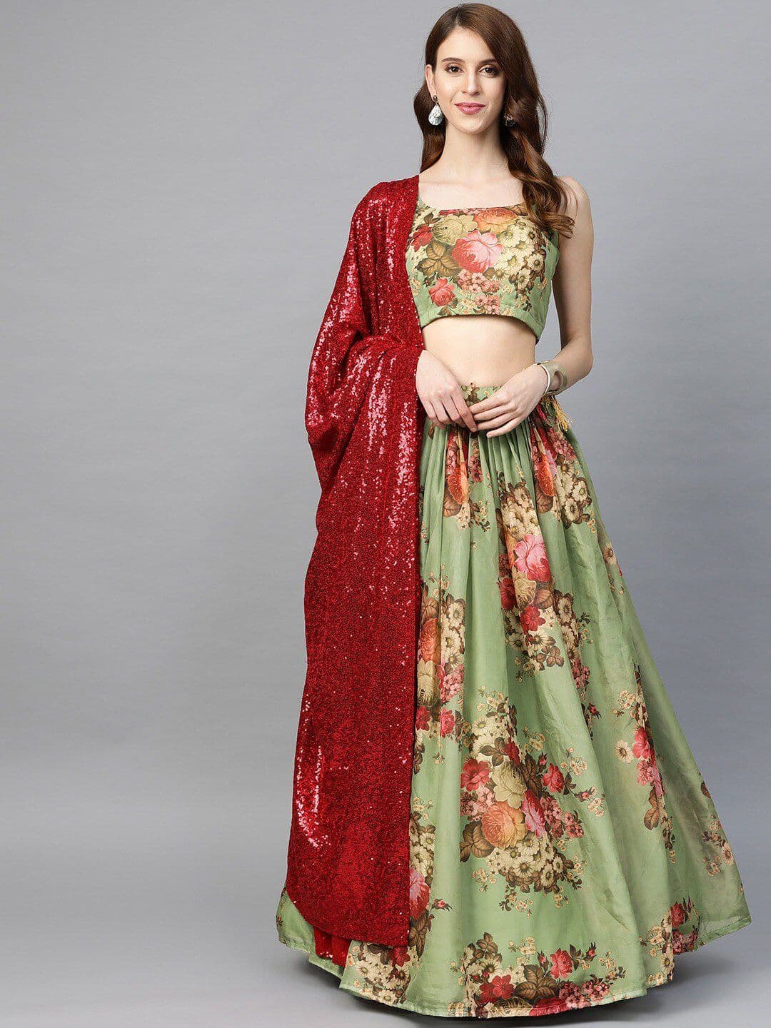 SHOPGARB Women Green & Maroon Printed Semi-Stitched Lehenga & Unstitched Blouse& Dupatta - view 1