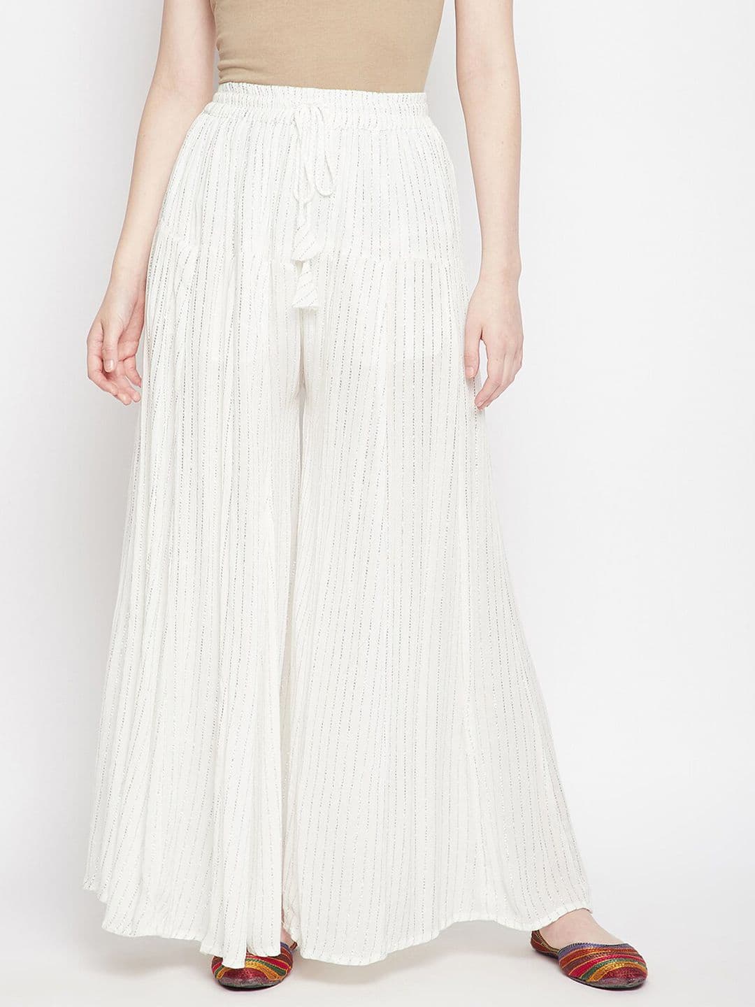 Clora Creation Women White Striped & Embellished Flared Palazzo - view 1