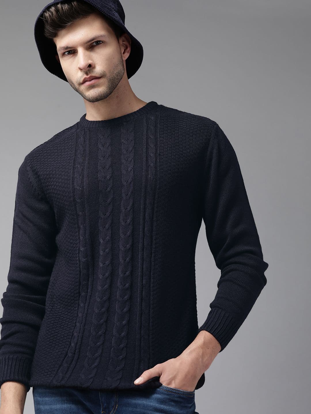 The Roadster Lifestyle Co Men Navy Blue Self Design Cable Knit Pullover - view 1