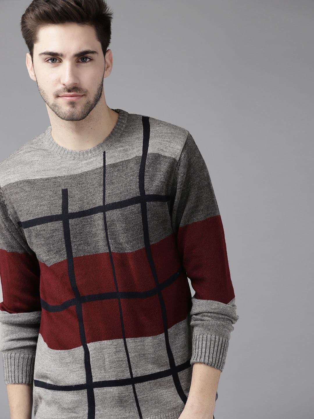 The Roadster Lifestyle Co Men Grey & Black Checked Pullover - view 1